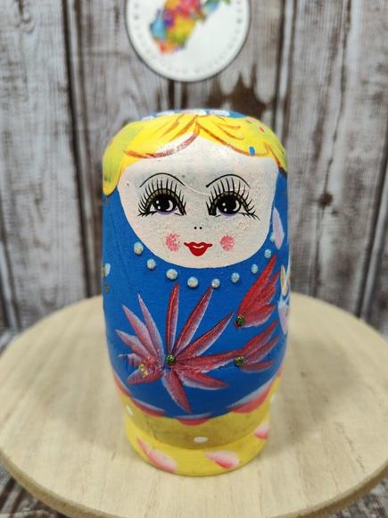 Wooden Russian Nesting Babushka Matryoshka Dolls Hand Painted Round Set 5 Blue - Picture 1 of 8